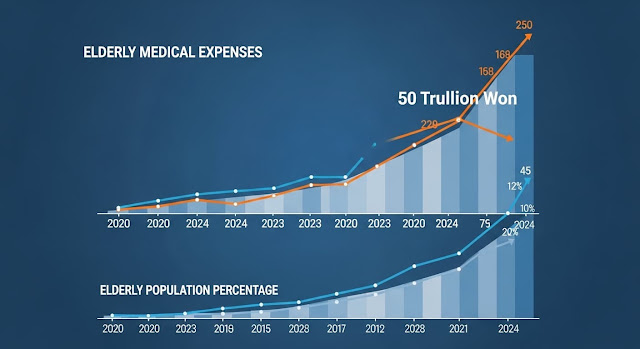 2020년부터 2024년까지 가파르게 증가하여 50조 원을 돌파한 노인 진료비 증가율을 보여주는 그래프와 상대적으로 완만한 고령 인구 증가율을 비교하는 인포그래픽